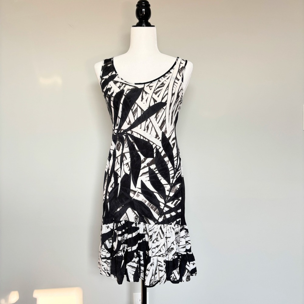 Jams World Dress Tropical Print Coverup Black White Sleeveless Tiered Size XS